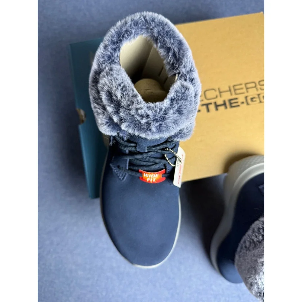 Skechers On-The-Go City 2 Winter Wishes Navy Blue Faux Fur Boots 144437W Wide 7